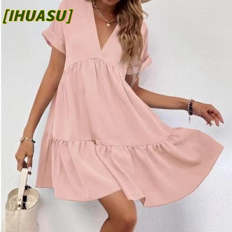IHUASU Dámská móda Léto Jaro Jednobarevný potisk Neformální šaty s krátkým rukávem a výstřihem do V