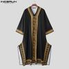 INCERUN Men Deep V Neck 3/4 Sleeve Floral Print Casual Loose Long Robes Tunic Tops