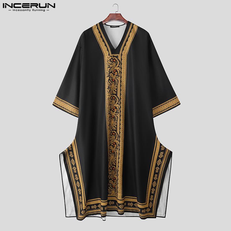 INCERUN Men Deep V Neck 3/4 Sleeve Floral Print Casual Loose Long Robes Tunic Tops