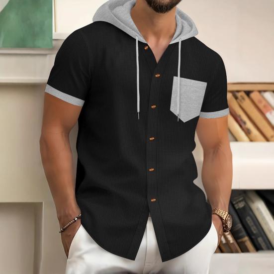 Men's Summer Hooded T-shirt Short Sleeved Button Down Tee with Chest Pocket Waffle Color Block Casual Hoodie T-shirt for Gym Street Wear