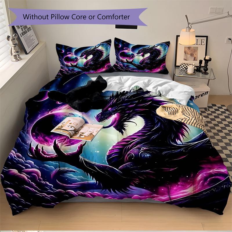 3pcs Galactic Dragon with Flames and Whiskers Pattern Bedding Three-Piece Set (1 Cover + 2 Pillowcases, No Fillings), This Printed Bedding S