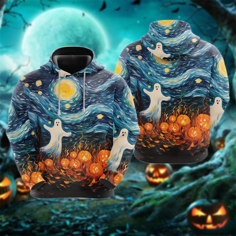 Funny 3D Horror Ghost Pattern Men's Hoodie Halloween Pumpkin Print Sweatshirts Hip Hop Trend Hooded Shirt Autumn Y2k Clothes Top