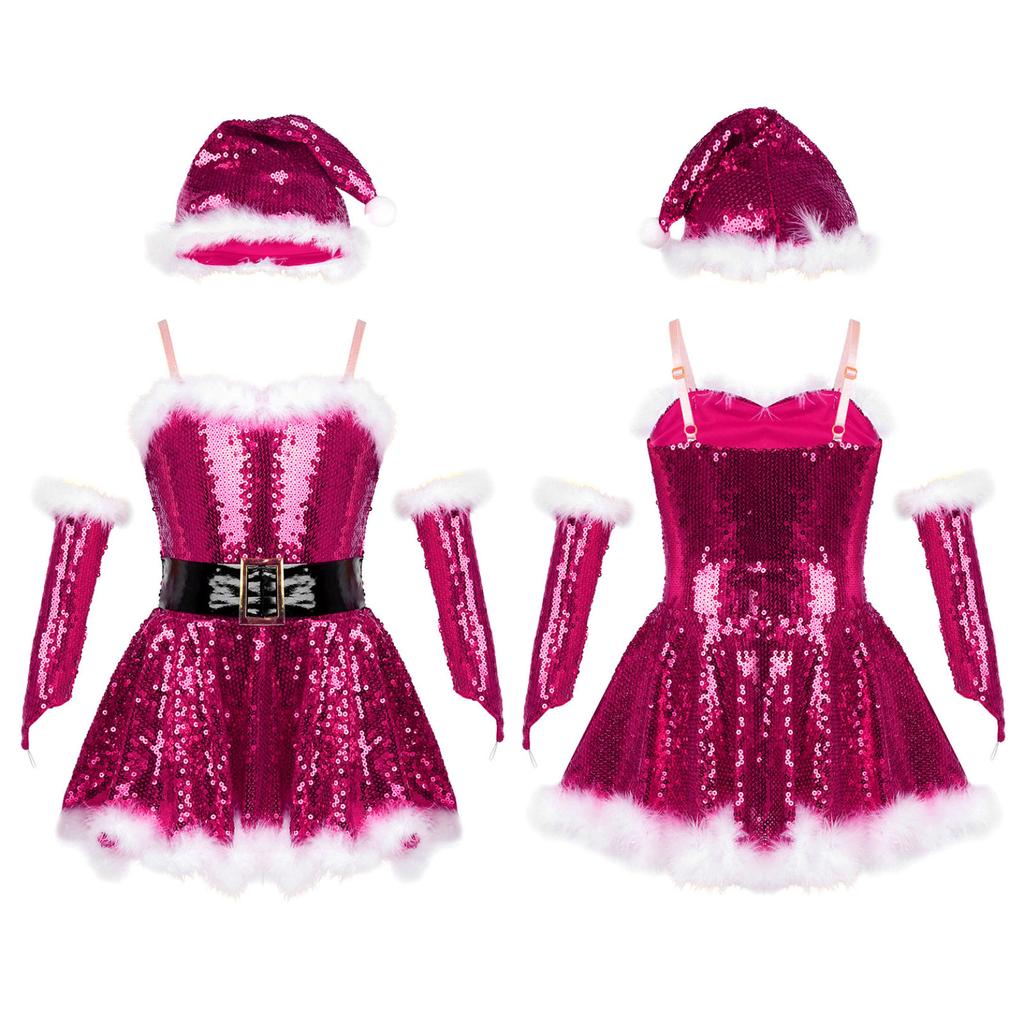 Kids Girls Santa Costume Outfit Sleeveless Sequin Tutu Dress Dance Show Fancy Dress Set for Christmas Cosplay Party