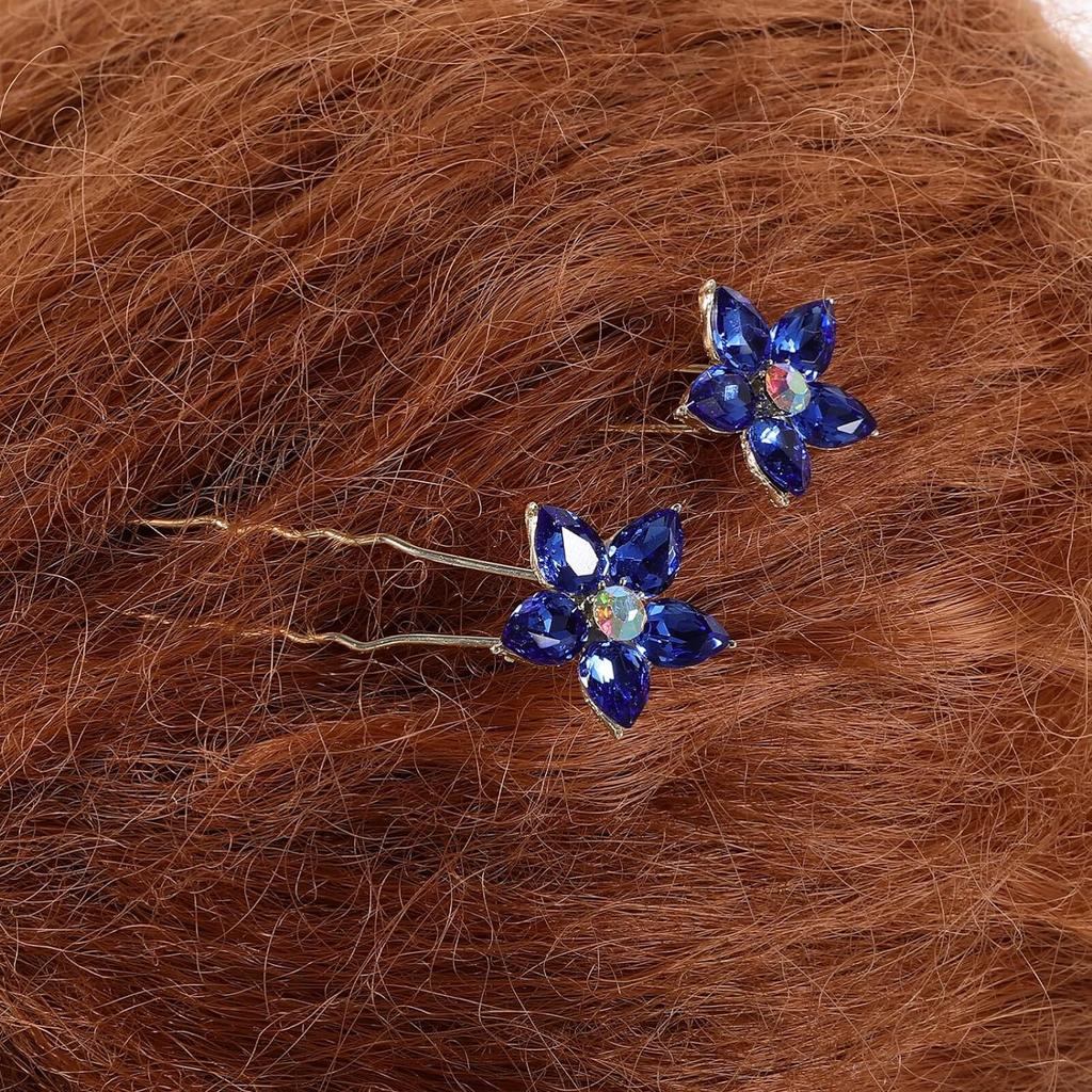 4pcs Rhinestone Flower Hair Pin Wedding U Shaped Hair Pins Hair Pieces Bride Hair Clips Hair Decorations-Blue