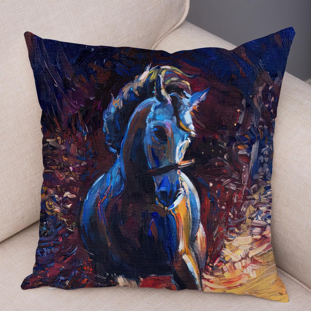 Federa Cuscino Stile Pittura ad Olio Paesaggio Colorato Barca Cavallo Stampa Floreale Lino Morbido Soggiorno Camera da Letto Casa Federa