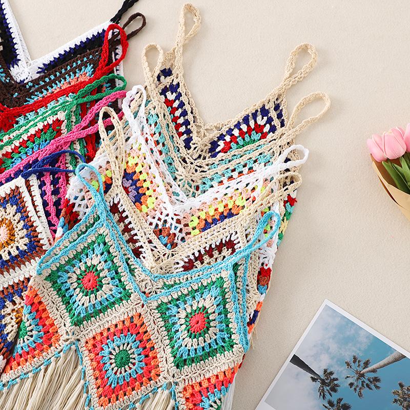 Summer Women's Camisole Ethnic Style Halter Pure Handmade Crochet Top Halter Bohemian Tassel Travel Holiday Vest