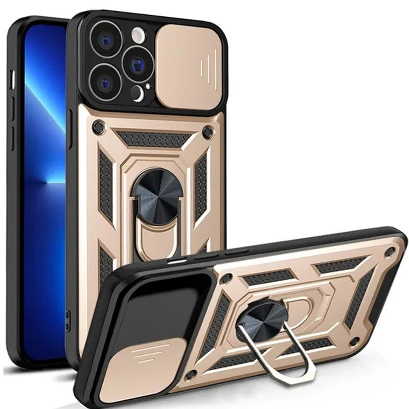 Slide Kamera Objektiv Rüstung Ring Telefon Fall Für iPhone 15 14 13 12 11 Pro Max X XR XS Max 7 8 14 15 Plus Stoßfest Harte PC Ständer Halter Abdeckung