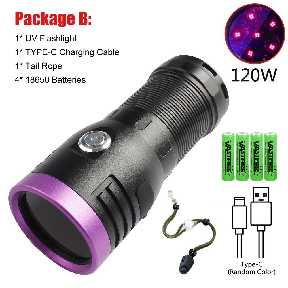 60W/80W/120W High Power UV Flashlight 3/4/6-CORE 365nm Type-C Rechargeable Black Mirror Purple Light Wood's UV Detection Lantern