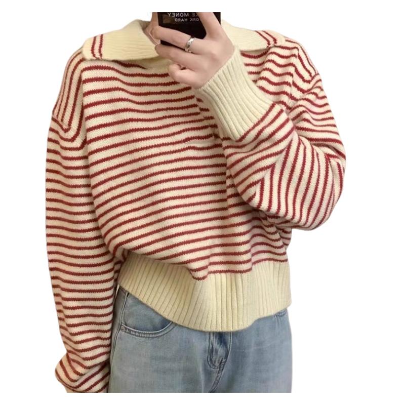 Women's Striped Polo's Neck Zipper Oversized Sweatshirt Long Sleeve Loose Casual Pullovers Autumn Korean College Style Sweater