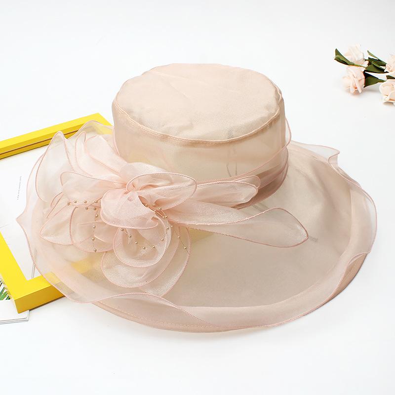 Hat Female Summer Vintage British Style Organza Flower Vacation Big Eaves Beach Sunscreen Flat Top Sun Hat