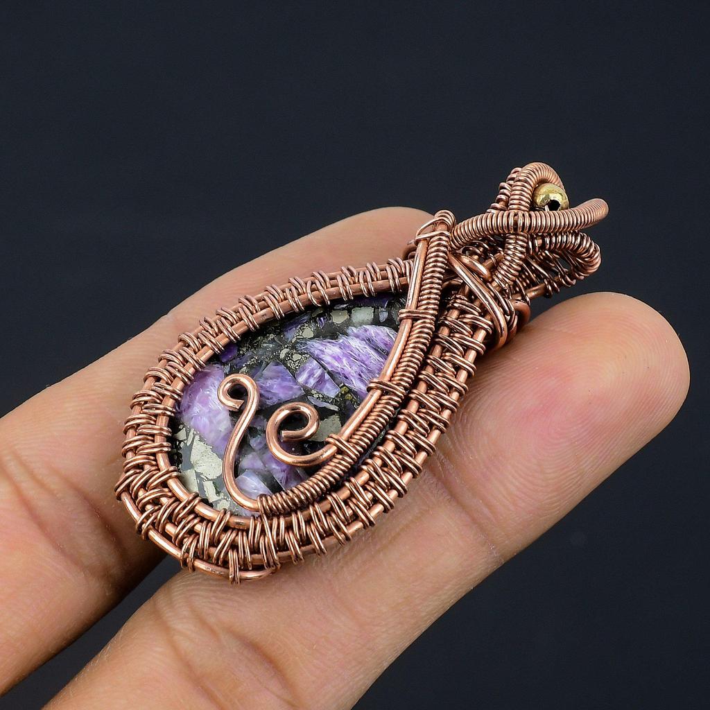 Copper Charoite Pendant Gemstone Jewelry, 999 Copper Wire Wrapped Pendant, Handmade Gift For Wife Pendant Jewelry