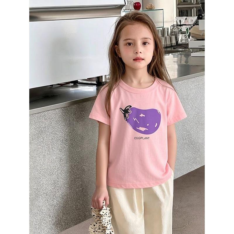 Pure Cotton Printed Korean Style Brand Children's Clothing Short-Sleeved T-Shirt 2024 Summer Girls' Base Shirt 27Home Baby Clothes