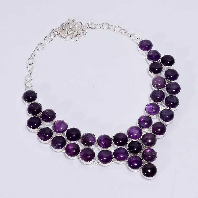 

Beautiful Top Grade Qualite 100% Natural Amethyst Round Shape Ethnic Handmade Jewelry 925 Steling Silver Necklace 18 WSJ-4737 срібний