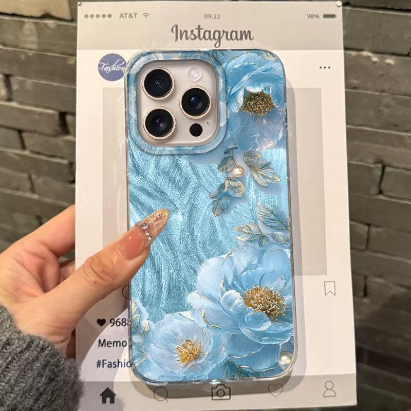 Luxury Blue Flower Girls Women Phone Case For Apple iphone 16pro 15 16 14 13 Pro Max 16e 12 11 7 8 Plus XR SE Bumper Funda Cover