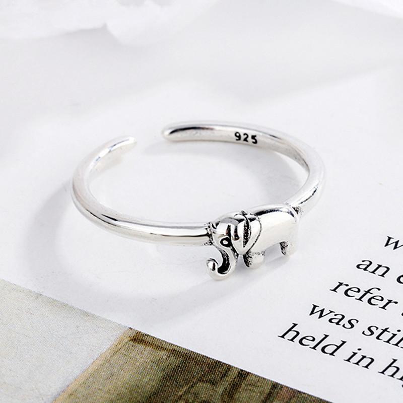 925 Sterling Silver Vintage Elephant Charm Finger Ring For Women Girls Party Jewelry Accessories Jz342