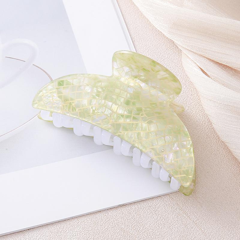 Iridescent Plaid Mother-of-Pearl Shark Clip: Durable, Elegant, Versatile Hair Accessory for Updos and Daily Use.