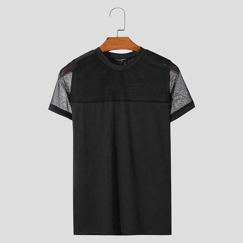INCERUN Men Short Sleeve Solid Color Patchwork Tops Slim Mesh Sheer T-shirts