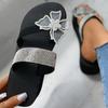 2024 Summer Women's Silver Rhinestone Flat Heel Sandals Bling Diamond Narrow Band Flip Flops Beach Casual Slippers Women