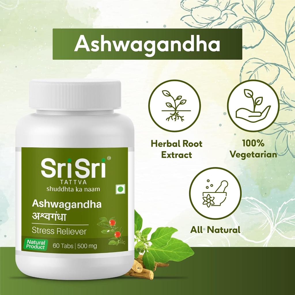 Sri Sri Tattva Ashwagandha 500mg  60Tablet Pack of 3 | Herbal Energy & Immunity Booster for Stress Relief