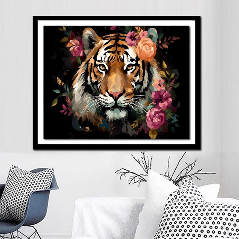 5d DIY Diamond Painting Cross Stitch Oil Painting Animal Tiger Flowers Diamond Embroidery Mosaic Full Round Drill Home Decor Arts