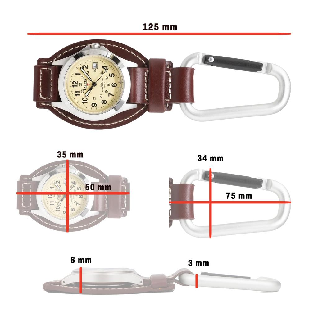 Dakota Leather Field Clip Clip Watch Leather Strap Lightweight Dress Watch Unisex Outdoor Gift Fishing Golf Watch Carabiner Clip-on Watch.