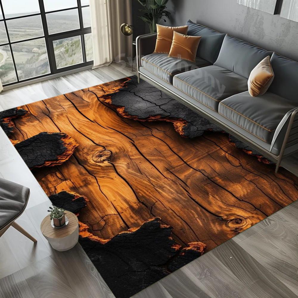 Living Room Rug Lava Wood Grain 3D Visual Illusion Theme Carpet Non-Slip Soft Easy Clean Impactful Home Decor Mat