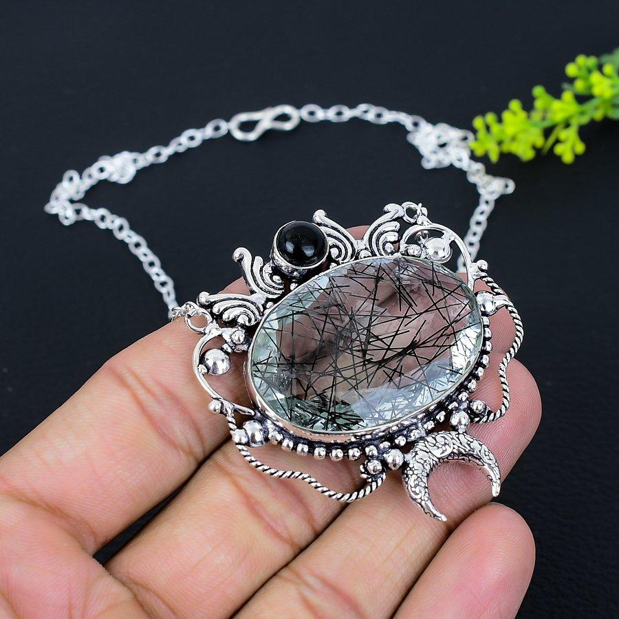Natural Black Rutile, Onyx Gemstone 925 Sterling Silver Necklace 18" W9o19