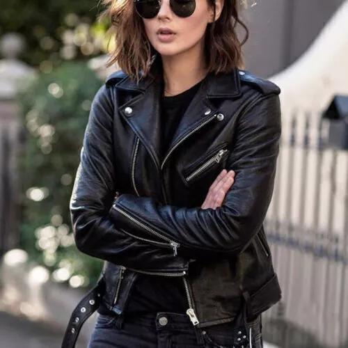 Genuine Lambskin Leather Women's Stylish Biker Jacket Black Handmade Motorcycle