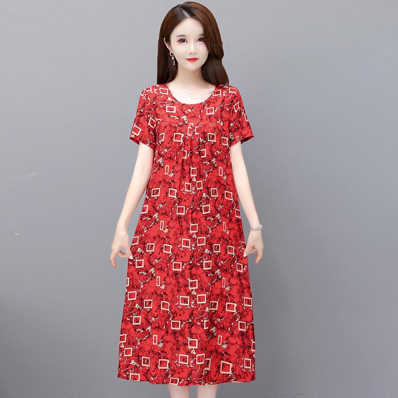 2023 Summer Floral Cotton & Rayon Dress - Stylish, Loose-Fitting, Short Sleeve for Middle-Aged & Elderly Women