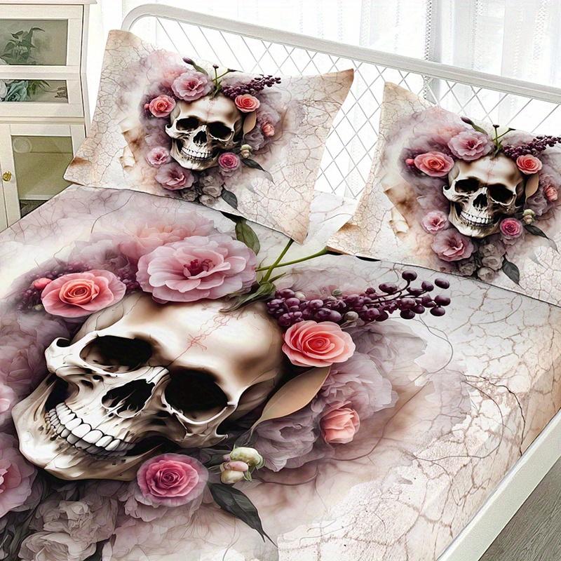 Pink Rose Skull Fitted Sheet Set 3D Print Dark Romantic Bedding Set Soft Breathable Microfiber Fabric For Adults Bedroom Decor