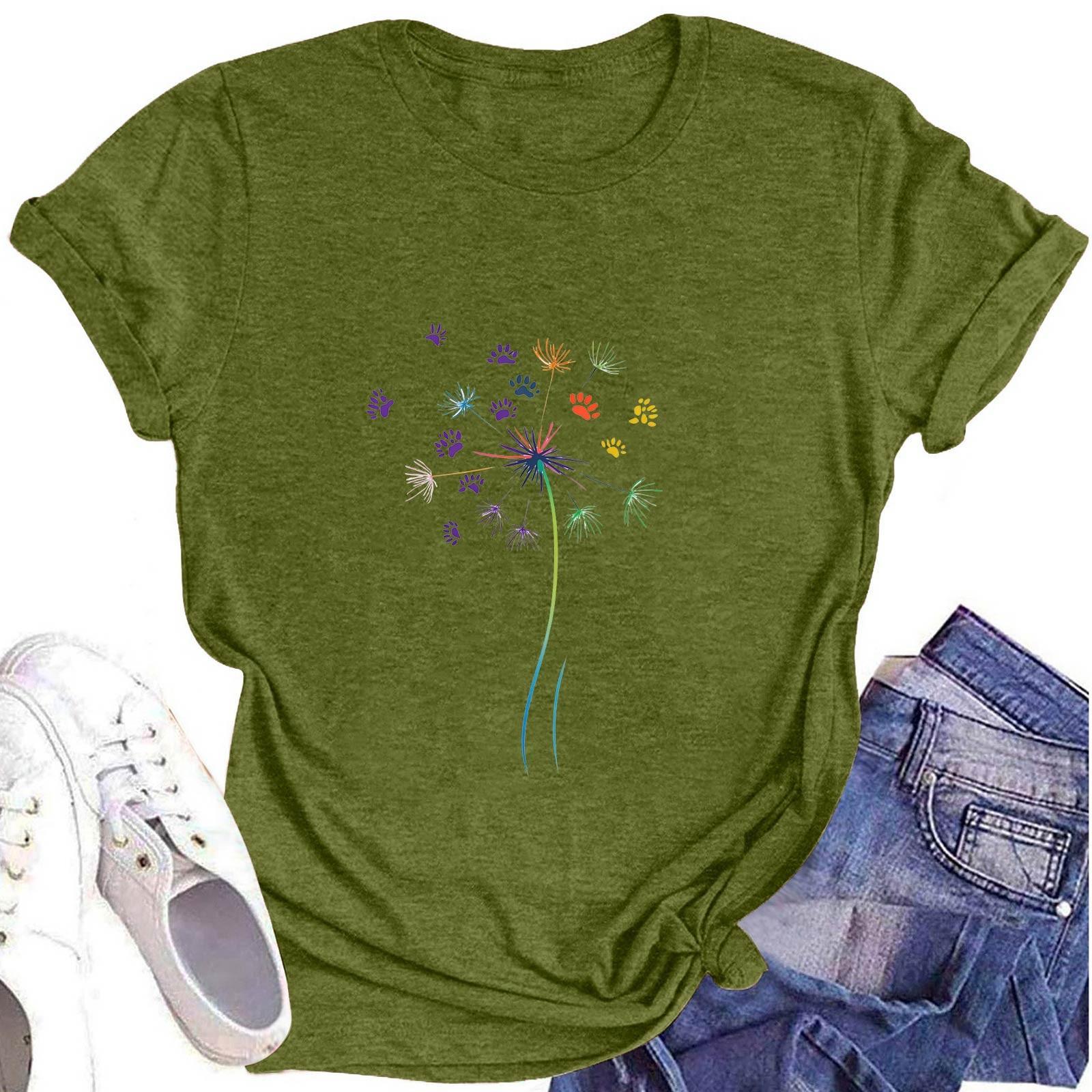 

Женская модная футболка с круглым вырезом и коротким рукавом, повседневный топ с цветочным принтом L армия зеленый