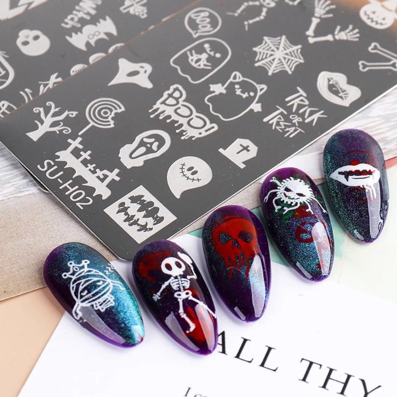 Halloween Nail Art Stamping Templates Kit 6 Pcs Nail Art for Image Plates Pumpkin Ghost Skull Bat Owl Spider Web Nail De
