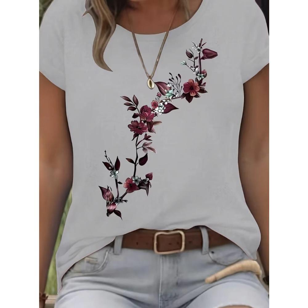 Fashion Women Retro Creative Side Branch Flowers Print T Shirt Funny Casual O-neck Short Sleeves T-shirt Summer Female Tee Shirt