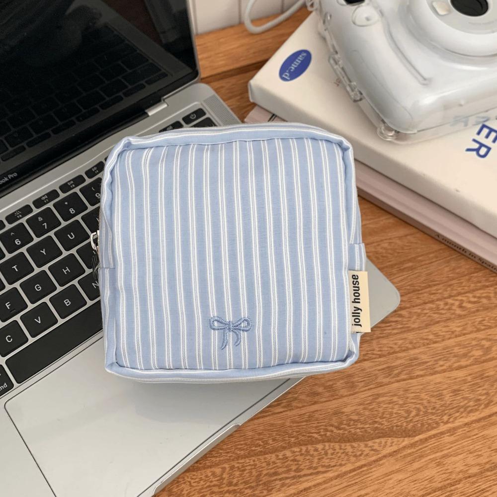 

Striped Plaid Mini Makeup Bag Square Shape Embroidered Lipstick Storage Pouch Multi-functional Zipper Closure Cosmetic Bag