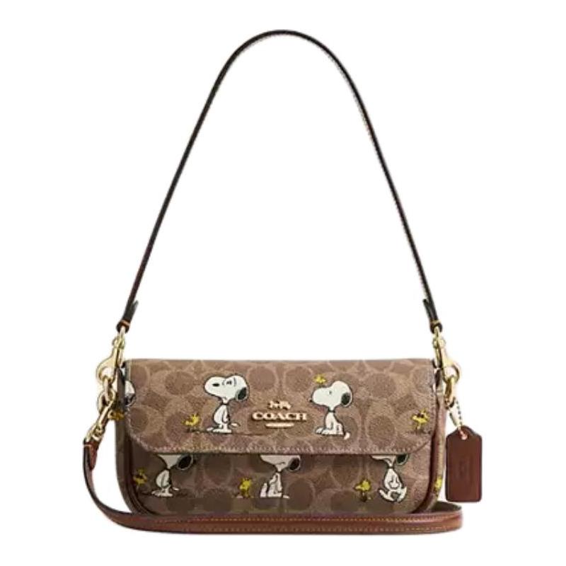 

COACH Snoopy co-branded Hailey 19 brand logo coated canvas and leather shoulder bag small women s tan коричневий
