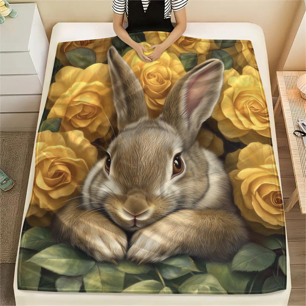 Rabbit and Flowers pattern Flannel Blanket, High quality Comfortable for All Seasons, Home Decor, Warmth and Comfort, Perfect for Gifts.