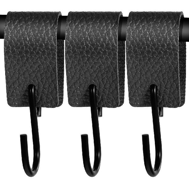 Leather S Metal Hooks,3 Pcs Multifunctional S-Hooks with PU Leather Coat S Hooks for Hanging Clothes Outdoor Camping Hanging Kitchen(Black) чёрный