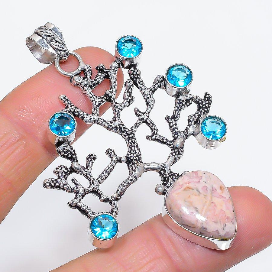 

Natural Rhodochrosite, Blue Topaz 925 Sterling Silver Jewelry Pendant 2.76 V8P29