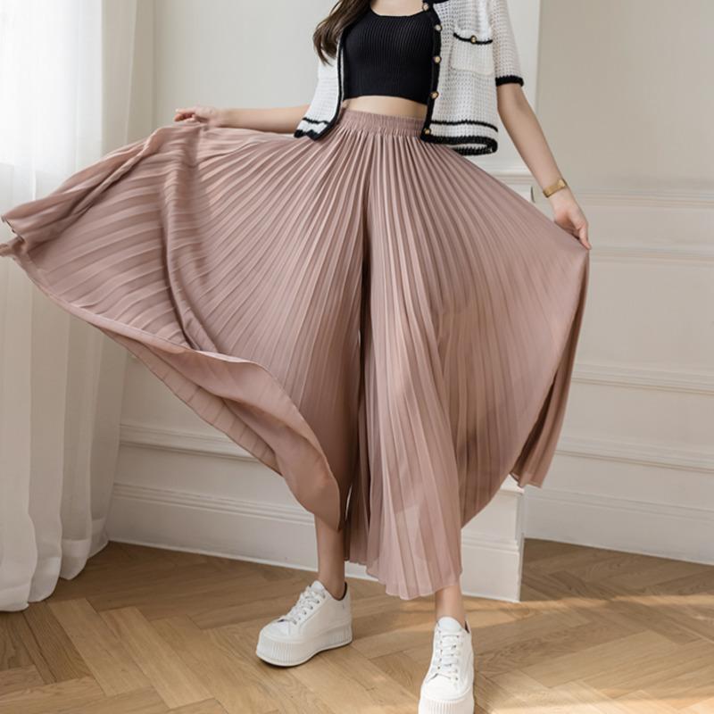 Damen Elegante Chiffon Hose mit hoher Taille und weitem Bein Lässige Koreanische Mode Plissierte Lockere Hose Kleidung Comodi Pantalones De Mujer