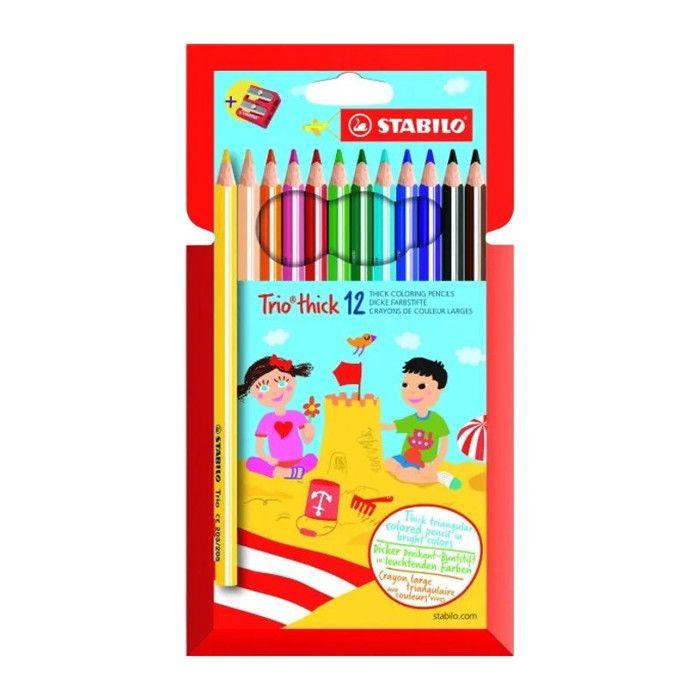 Fournitures de bureau - STABILO - Trio - 12 crayons de couleur - Taille-crayon inclus - Lavable