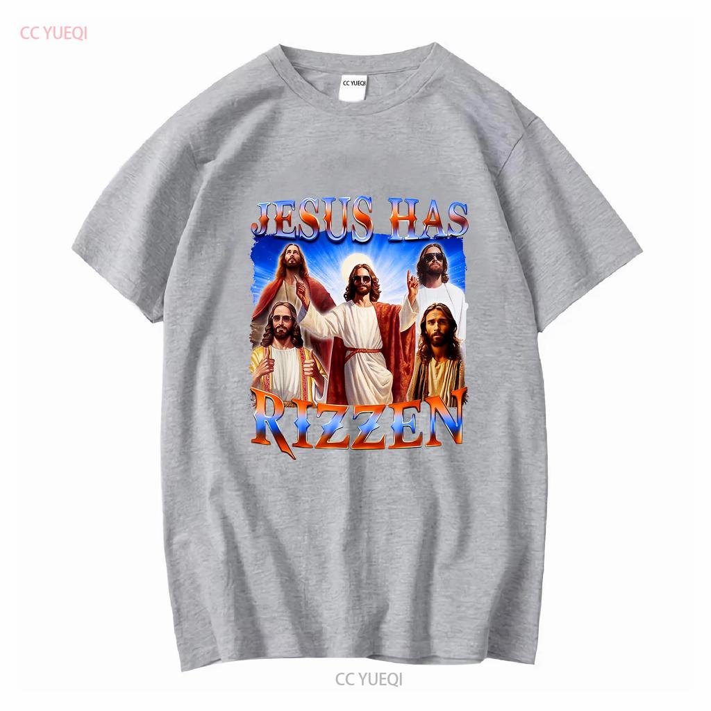 Jesus Has Rizzen He Is 2024 T Shirt Mens clothing long or short sleeves vintage Washed streetwear Slightly designer clothes