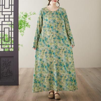 Vestido casual folgado de algodão floral vintage de manga comprida plus size novo em Vestidos para mulheres vestido casual folgado de primavera outono