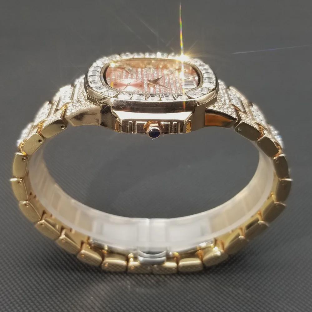 Hip Hop Iced Out Mens Watch Diamond Paved Analog Quartz Watch Waterproof Stainless Steel Luxury Wristwatch