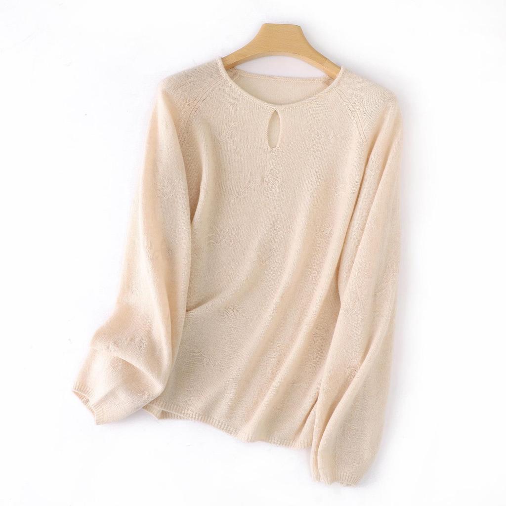 Women's Pure Wool Loose Pullover Sweater - Willow Leaf Embroidered Round Neck Knitwear