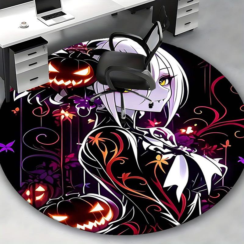 1pc Halloween Pumpkin & Floral Design Round Carpet Anime Inspired Office Chair Mat, Non Slip Rug for Home Decor, Gift, Office, Living Room