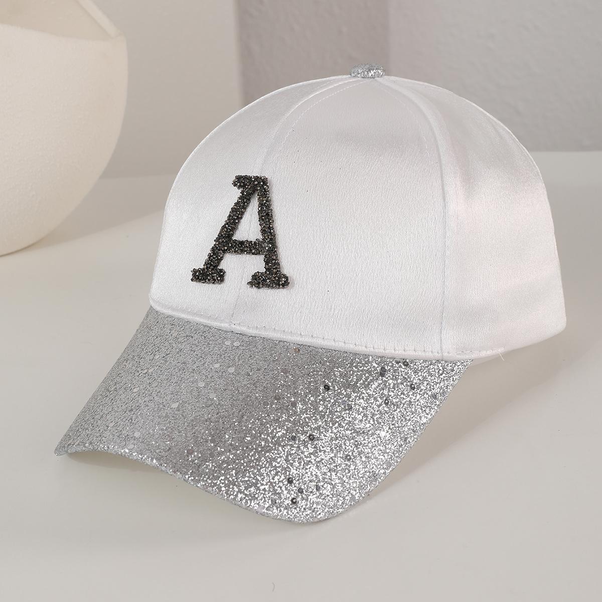 

Korean style sequined diamond letter A baseball cap spring and autumn patchwork bright silk adjustable sunshade baseball cap One Size