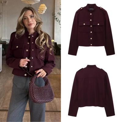 Elegant Women's Burgundy Cropped Jacket Female Stand Collar Single Breasted Full Sleeve Pocket Coat 2024 Autumn Lady Outwear New
