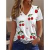 T-shirt Minimalista da Donna con Scollo a V e Maniche Corte, Stampa Giocosa con Ciliegie e Cuori - Leggera