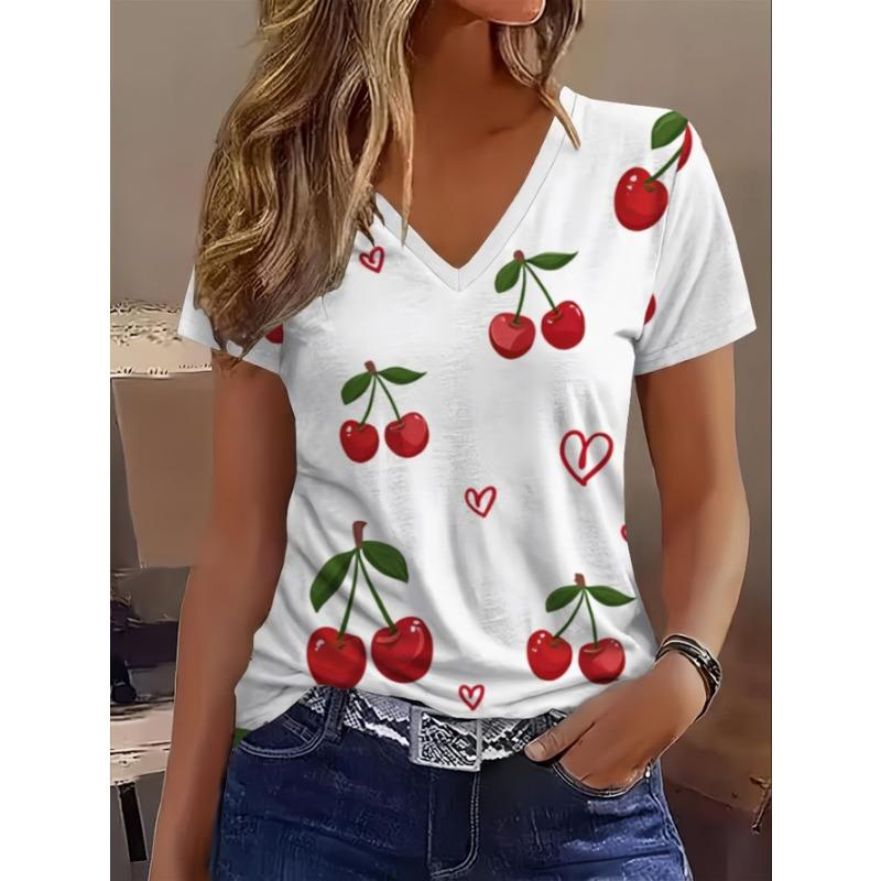 Women s Minimalist V-Neck Short-Sleeve T-Shirt with Playful Cherry & Heart Motif Print - Lightweight S