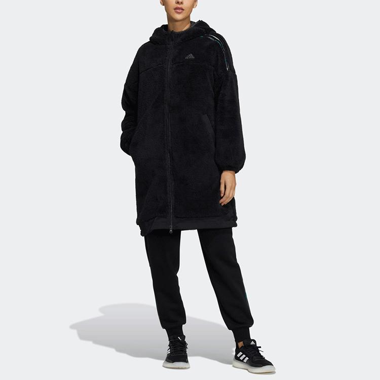 Adidas Damska Polarowa Jednokolorowa Ciepła Dwustronna Kurtka z Kapturem Średniej Długości Damskie kurtki Czarna H09701